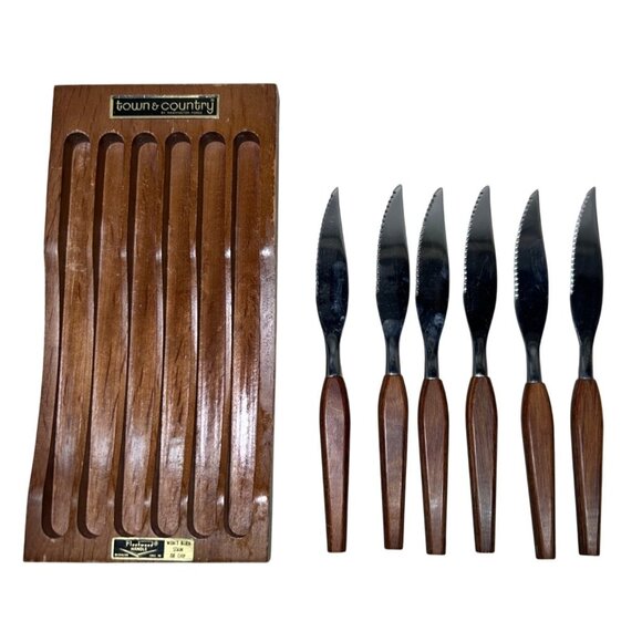 Vtg Washington Forge Town & Country Steak Knife Set Fleetwood wood handle MCM - Picture 1 of 3